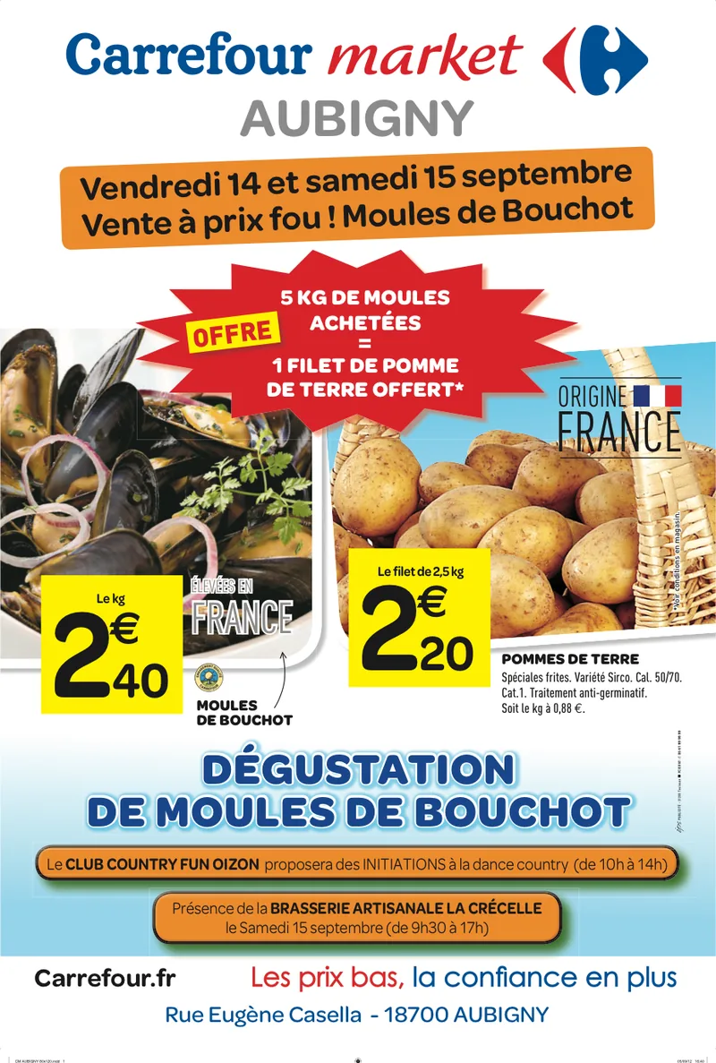 Affiche Carrefour Market Aubigny, opération moules de bouchot