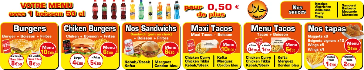 Panneau menu du restaurant O'Chicken Grill